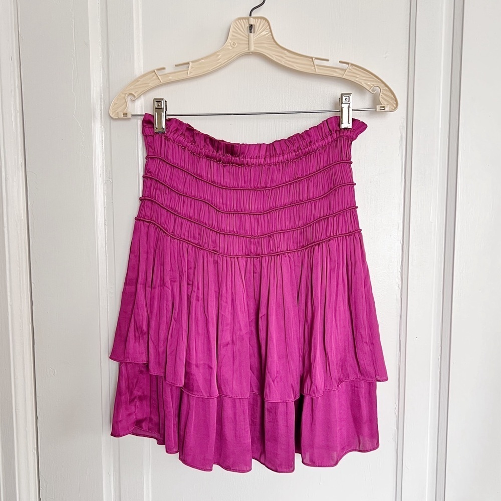 Current Air • Satin Layered Mini Skirt tiered ruffle Fuchsia Berry pink smocked